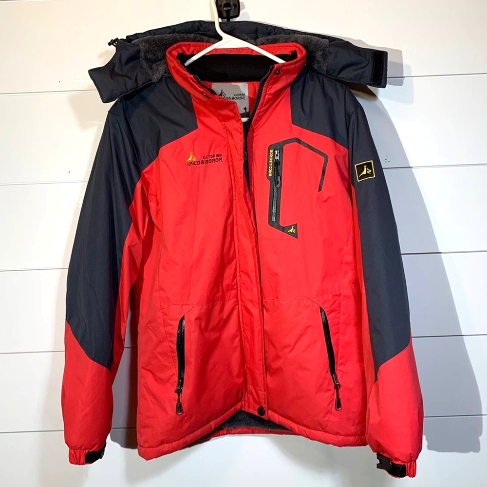 Unco & Boror Jacket Youth Extra Large Red Black Winter Ski Zip Up Hooded Lined